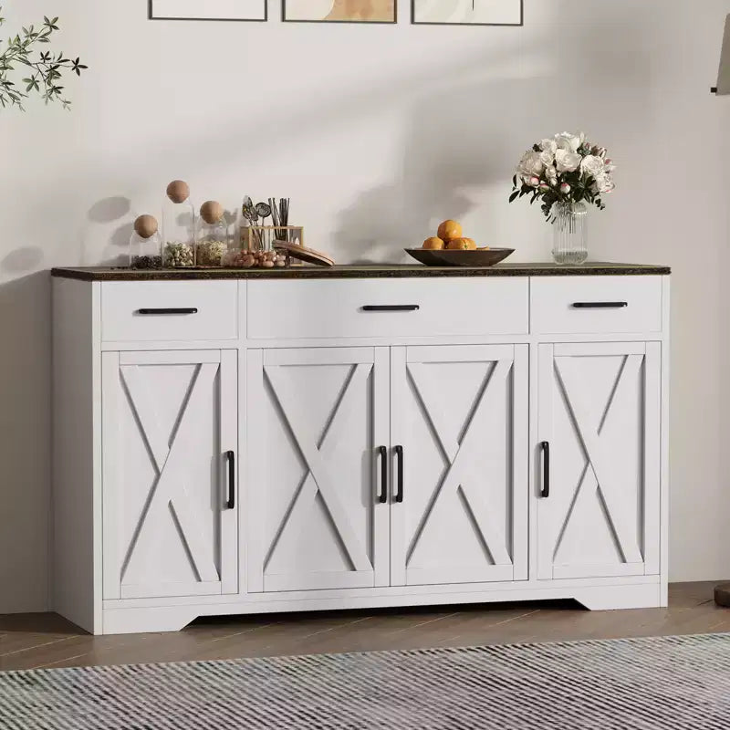 Credenza a 4 ante, mobile contenitore moderno in stile fattoria, credenza grande e moderna in legno in stile fattoria
