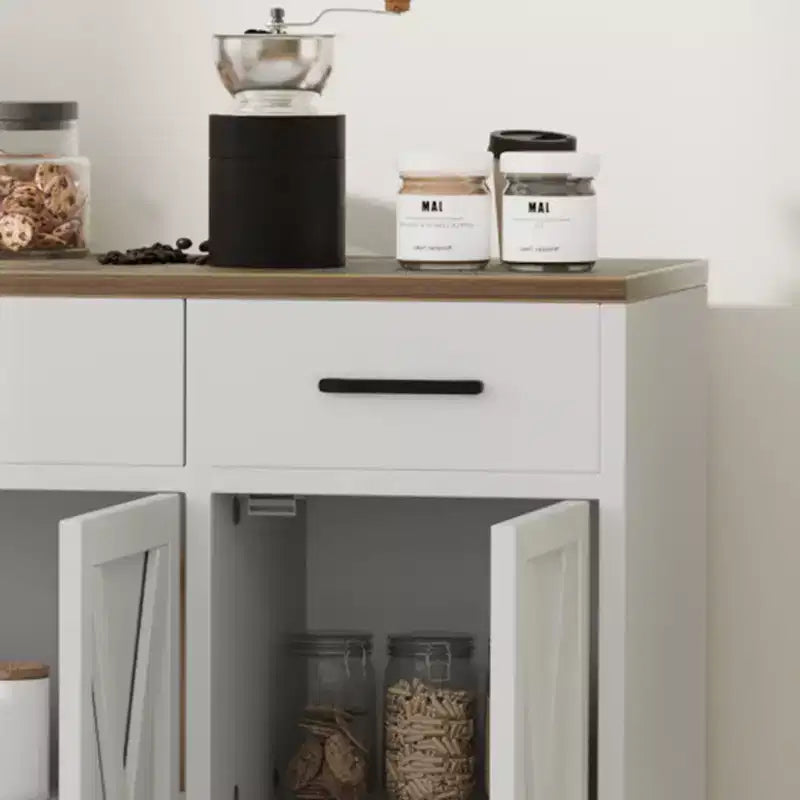Credenza a 4 ante, mobile contenitore moderno in stile fattoria, credenza grande e moderna in legno in stile fattoria