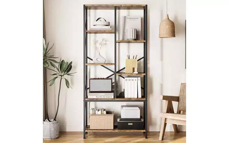 GustoWave 6 Tier Open Bookcase, Rustic Farmhouse Book Shelves,Black Metal Bookshelves, Mid Century Bookcase for Home Office Living Room Bedroom
