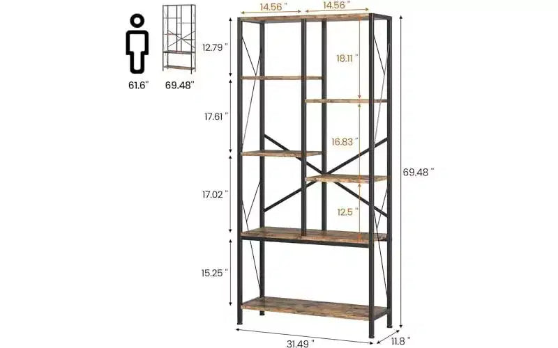 GustoWave Libreria Aperta a 6 Livelli, Scaffali Rustici in Stile Fattoria, Libreria in Metallo Nero, Libreria Mid-Century per Ufficio, Soggiorno, Camera da Letto