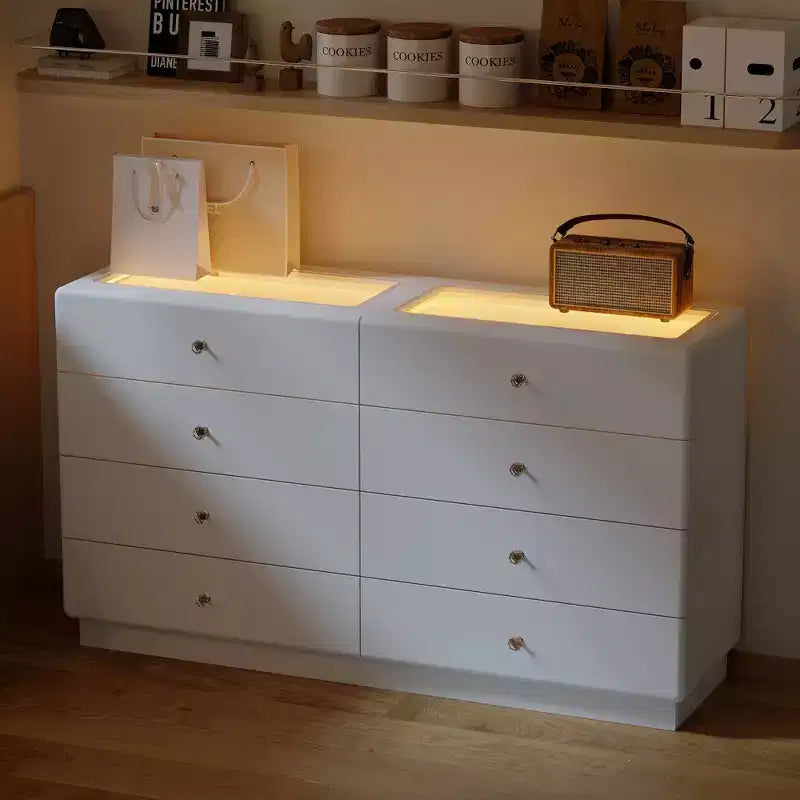 Famapy 8 Drawers Chest Dresser,Tempered Glass Top,2 Display Drawers with 9-Section,3-Color Led,Crystal Knobs,Bedroom/Closet Vanity Storage Cabinet