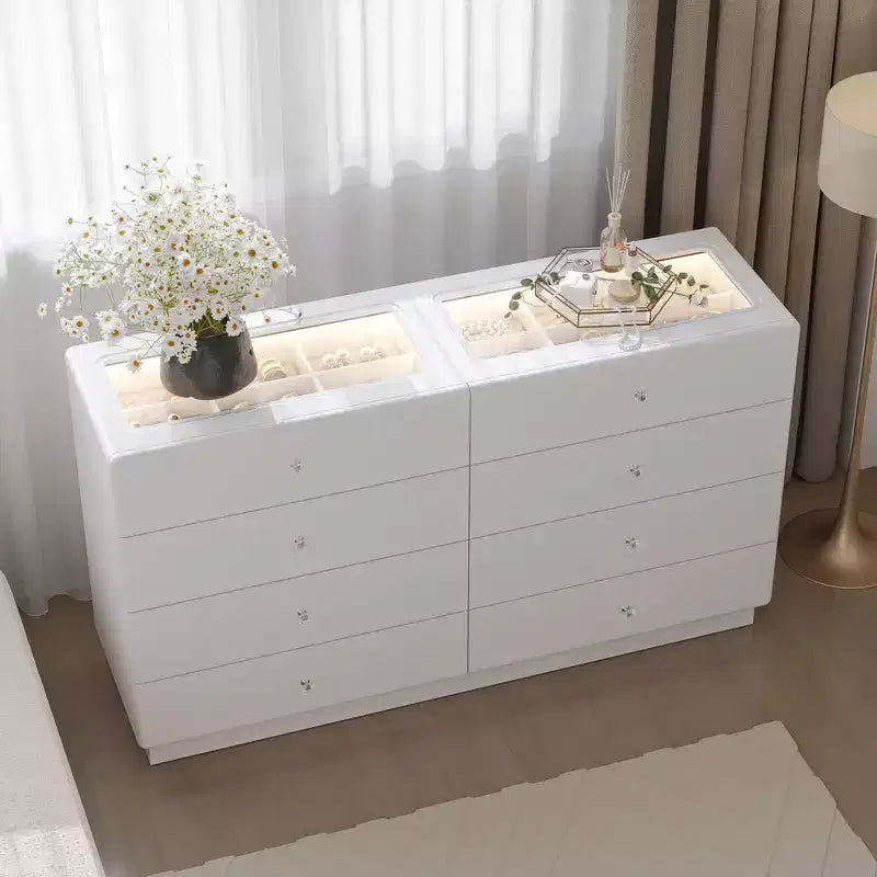 Cassettiera Famapy a 8 cassetti, piano in vetro temperato, 2 cassetti espositivi con 9 scomparti, Led a 3 colori, pomelli in cristallo, mobiletto portaoggetti per camera da letto/cabina armadio