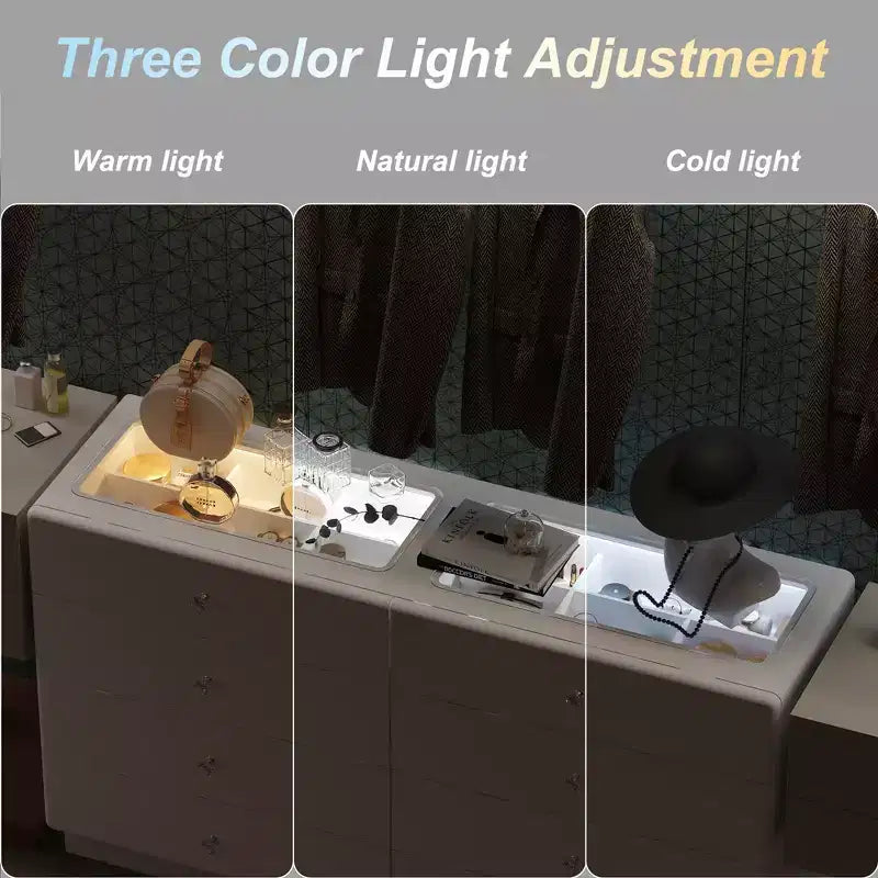 Cassettiera Famapy a 8 cassetti, piano in vetro temperato, 2 cassetti espositivi con 9 scomparti, Led a 3 colori, pomelli in cristallo, mobiletto portaoggetti per camera da letto/cabina armadio