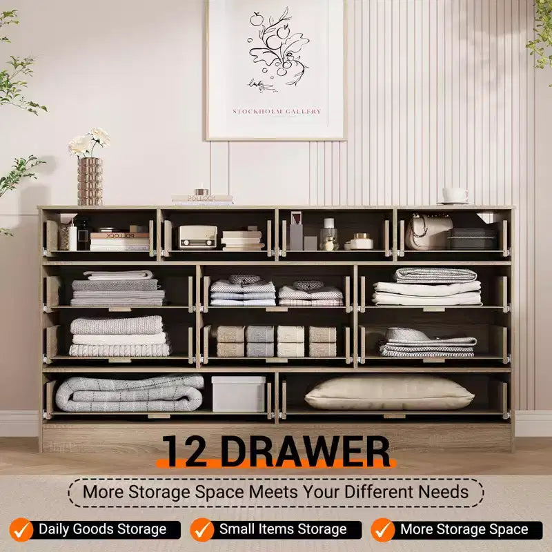GustoWave Cassettiera in Legno Massello con 12 Cassetti in Rattan, Comò da Fattoria a 61 cassetti per Camera da Letto, Anti-ribaltamento Pesante