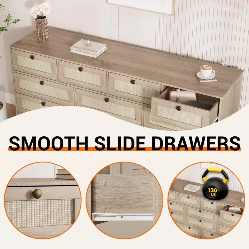 GustoWave Cassettiera in Legno Massello con 12 Cassetti in Rattan, Comò da Fattoria a 61 cassetti per Camera da Letto, Anti-ribaltamento Pesante