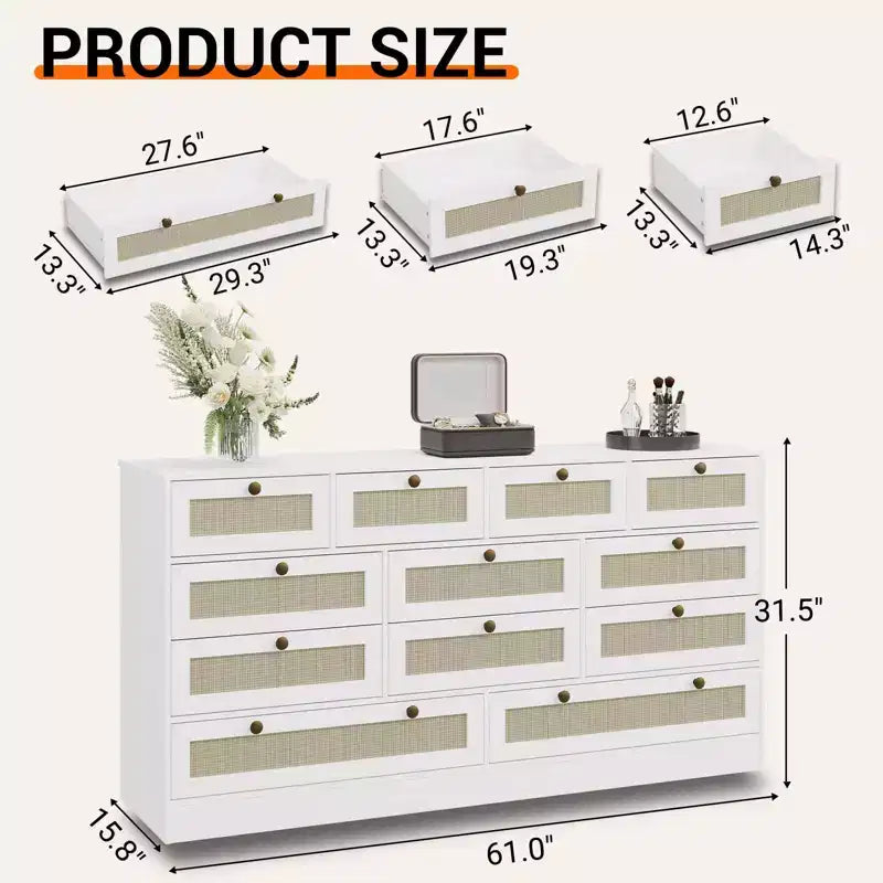 GustoWave Cassettiera in Legno Massello con 12 Cassetti in Rattan, Comò da Fattoria a 61 cassetti per Camera da Letto, Anti-ribaltamento Pesante