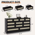 GustoWave Cassettiera in Legno Massello con 12 Cassetti in Rattan, Comò da Fattoria a 61 cassetti per Camera da Letto, Anti-ribaltamento Pesante