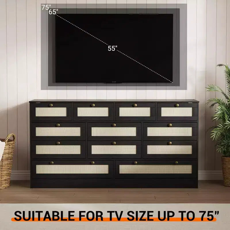 GustoWave Cassettiera in Legno Massello con 12 Cassetti in Rattan, Comò da Fattoria a 61 cassetti per Camera da Letto, Anti-ribaltamento Pesante