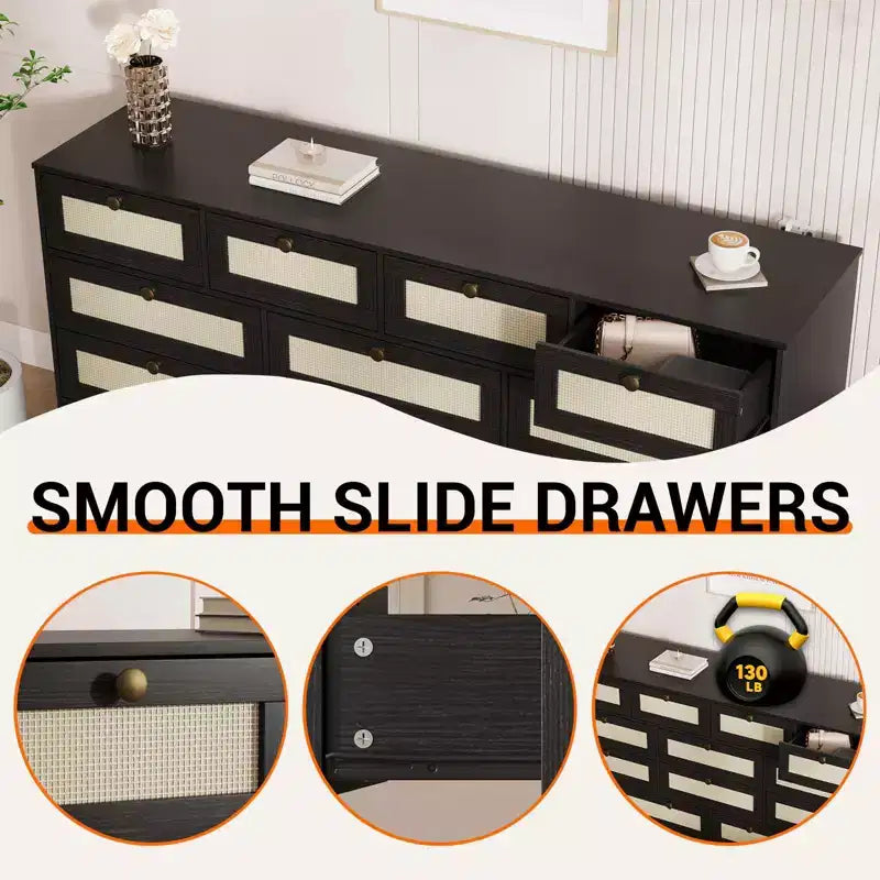 GustoWave Cassettiera in Legno Massello con 12 Cassetti in Rattan, Comò da Fattoria a 61 cassetti per Camera da Letto, Anti-ribaltamento Pesante