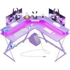 Scrivania a L Greenstell 128 cm – Superficie in fibra di carbonio con luce LED e prese di corrente, tavolo da gaming con supporto per monitor e gancio per cuffie