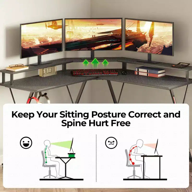 Scrivania a L Greenstell 128 cm – Superficie in fibra di carbonio con luce LED e prese di corrente, tavolo da gaming con supporto per monitor e gancio per cuffie