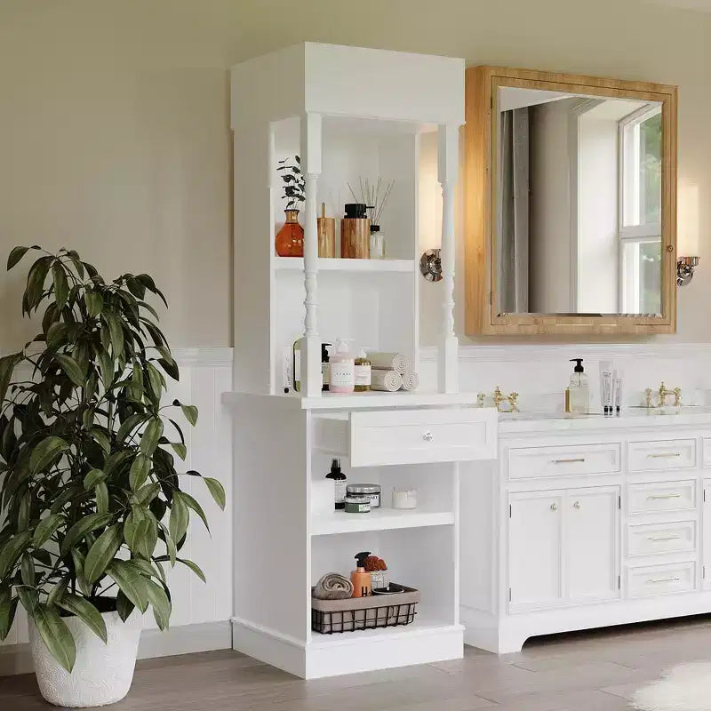 Famapy Vetrina Alta e Armadio Contenitore con Mensole Decorative + Cassetto, Versatile per Ambienti Domestici