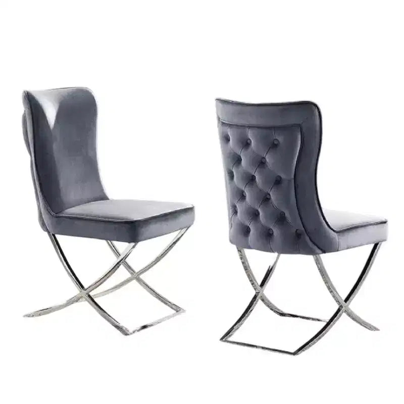 Set di 2 sedie da pranzo Royal Hampton, metallo cromato, velluto grigio capitonné