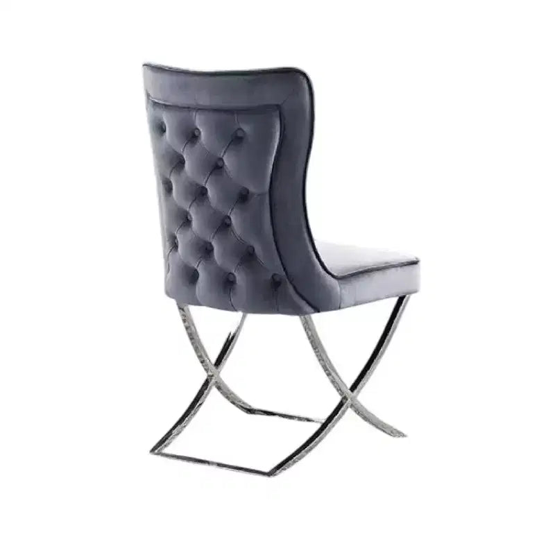 Set di 2 sedie da pranzo Royal Hampton, metallo cromato, velluto grigio capitonné