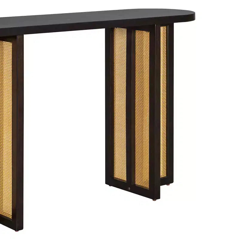 Consolle in Rattan con Contenitore, Tavolo Stretto da Ingresso in Legno per Soggiorno e Corridoio