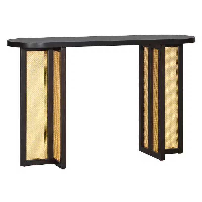 Consolle in Rattan con Contenitore, Tavolo Stretto da Ingresso in Legno per Soggiorno e Corridoio