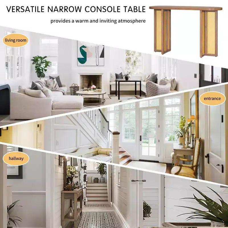 Consolle in Rattan con Contenitore, Tavolo Stretto da Ingresso in Legno per Soggiorno e Corridoio
