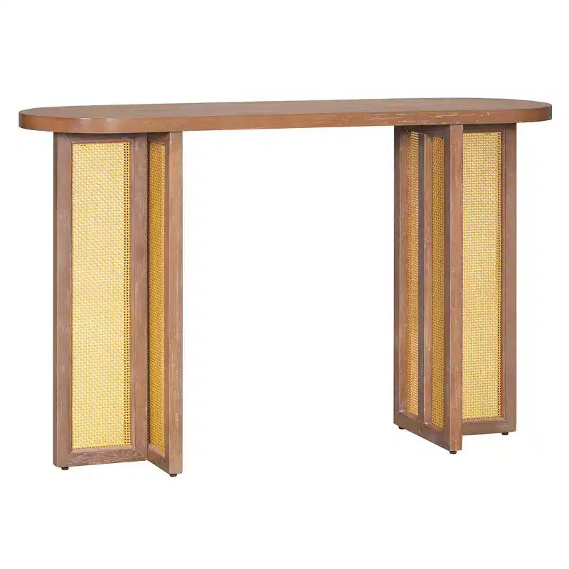 Consolle in Rattan con Contenitore, Tavolo Stretto da Ingresso in Legno per Soggiorno e Corridoio