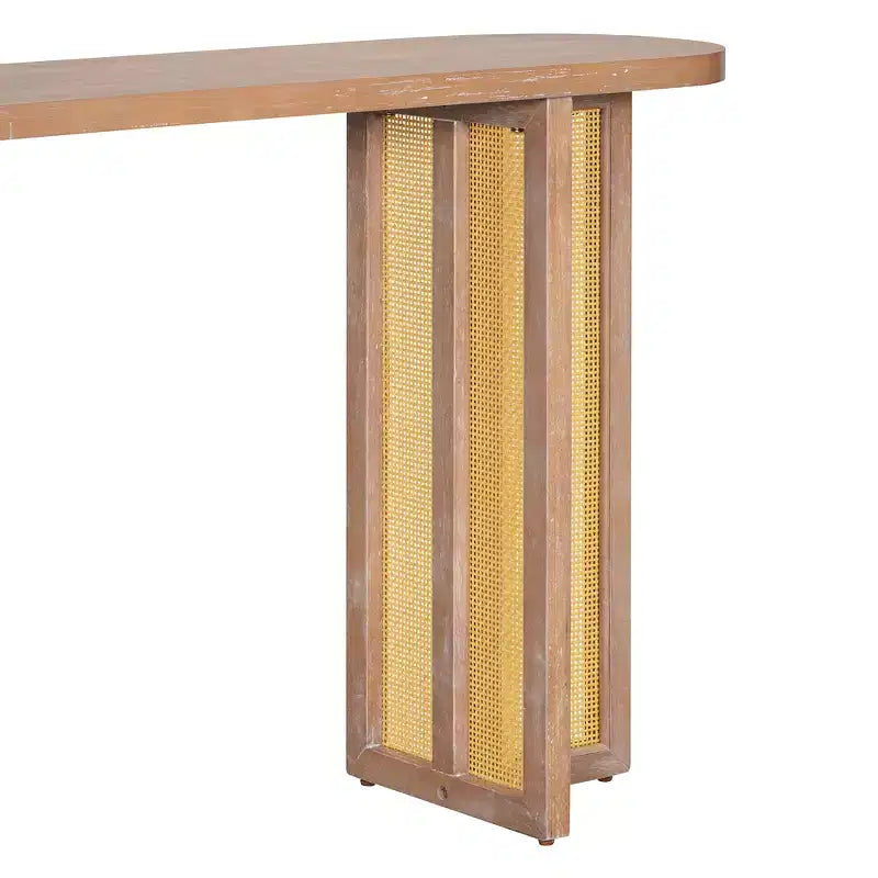 Consolle in Rattan con Contenitore, Tavolo Stretto da Ingresso in Legno per Soggiorno e Corridoio