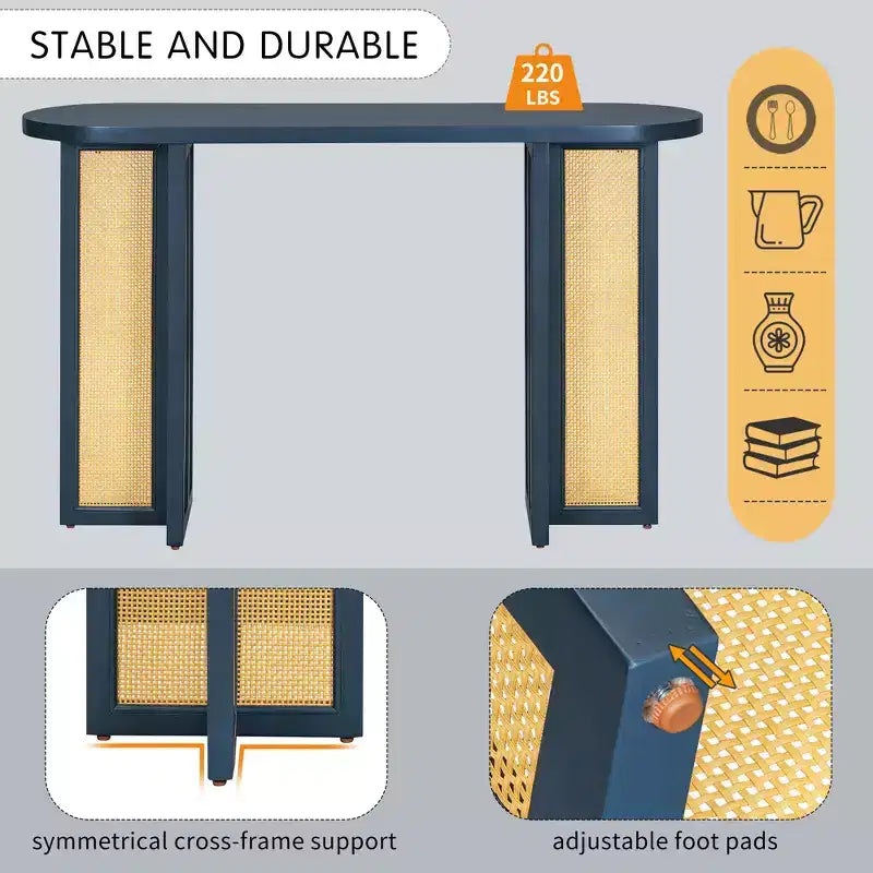 Consolle in Rattan con Contenitore, Tavolo Stretto da Ingresso in Legno per Soggiorno e Corridoio