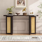 Consolle in Rattan con Contenitore, Tavolo Stretto da Ingresso in Legno per Soggiorno e Corridoio