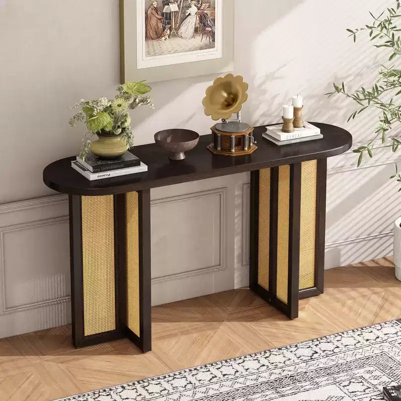 Rattan Console Table with Storage, Wood Narrow Entryway Table for Living Room and Hallway