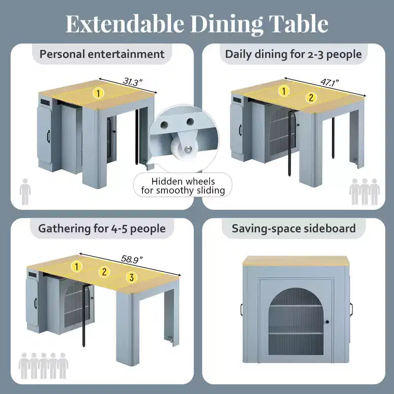 Tavolo da pranzo allungabile GDFStudio David con 3 allunghe rimovibili e armadietto salvaspazio