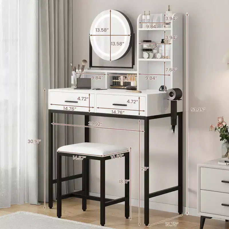 Toeletta con specchio girevole, toeletta trucco con specchio regolabile, tavolo da trucco con 2 cassetti, ripiani portaoggetti e sgabello per camera da letto