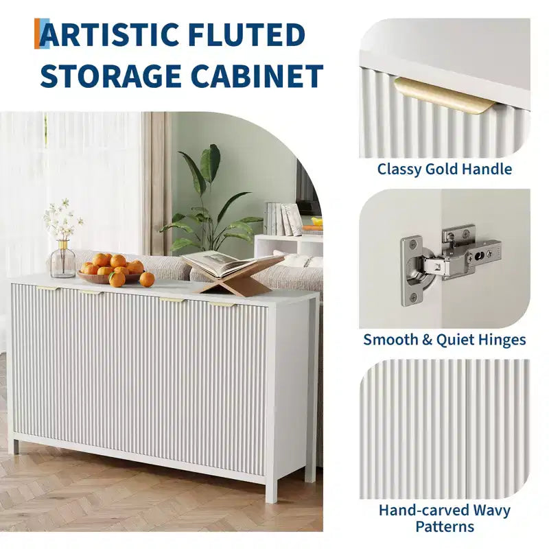 COZONY 55 Mobile Credenza Moderno con Ante Scanalate e Ripiani Regolabili, Credenza a 4 Ante in Legno per Sala da Pranzo, Cucina e Soggiorno