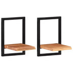 Set di 2 mensole da parete Legno naturale e nero Legno massello di acacia, Acciaio