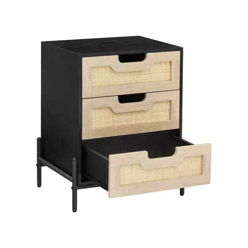 GustoWave Iron-Legged Woven Bedside Table, Three-Drawer Bedroom/Living Room Decorative Night Stand