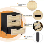 Comodino intrecciato GustoWave con gambe in ferro, comodino decorativo a tre cassetti per camera da letto/salotto
