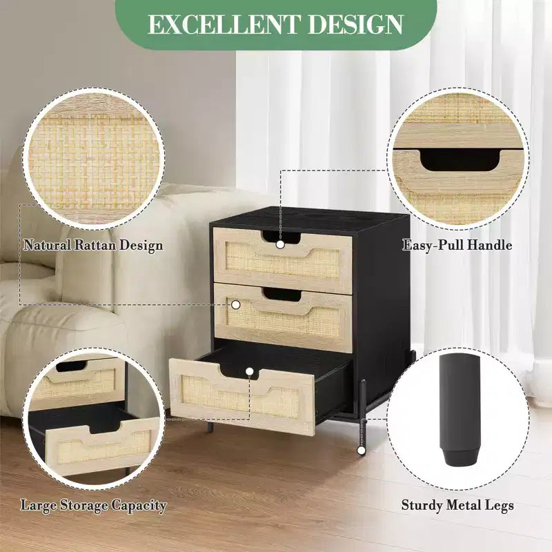 Comodino intrecciato GustoWave con gambe in ferro, comodino decorativo a tre cassetti per camera da letto/salotto