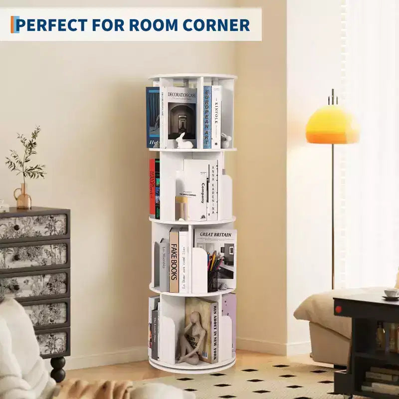 Libreria girevole a 360° a 4 ripiani - Scaffale in legno da terra, Organizer angolare stretto per soggiorno, studio, camera da letto