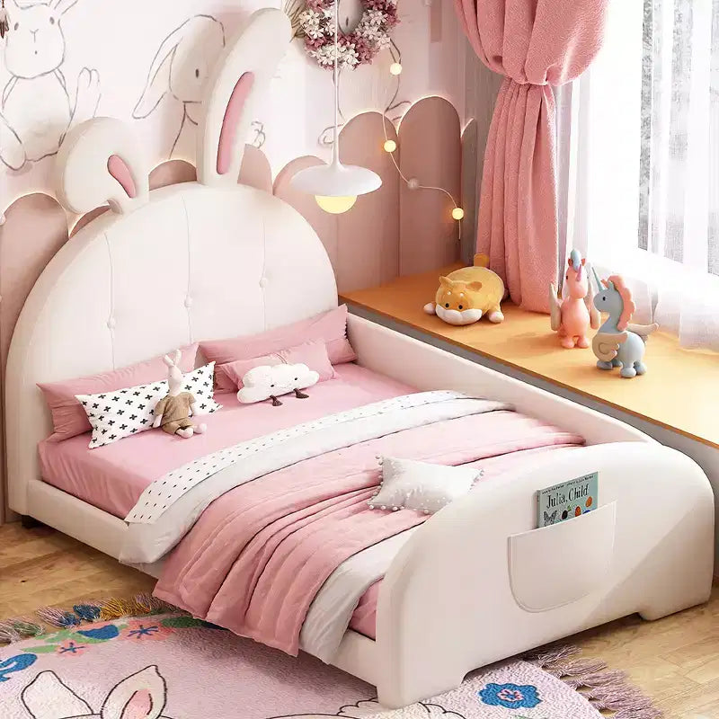 Letto Imbottito Singolo, Struttura Letto Principessa a Forma di Coniglio per Bambini e Bambine, Letto a Piattaforma Singolo con Testiera e Pediera per Bambini