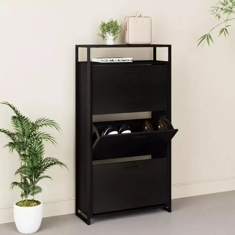 Scarpiera a 3 ante eHemco con ripiano, organizer moderno, struttura in metallo nero, 3 cassetti a ribalta