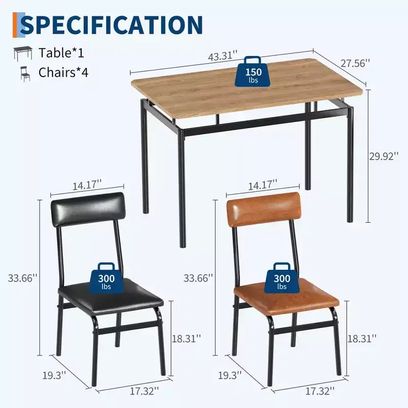 Set da Tavolo da Pranzo Industriale per 4, Set da Tavolo da Cucina in Legno, Set di Mobili per Angolo Colazione Stile Fattoria, per Sala da Pranzo, Appartamento, Monolocale