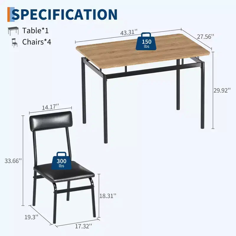 Set da Tavolo da Pranzo Industriale per 4, Set da Tavolo da Cucina in Legno, Set di Mobili per Angolo Colazione Stile Fattoria, per Sala da Pranzo, Appartamento, Monolocale