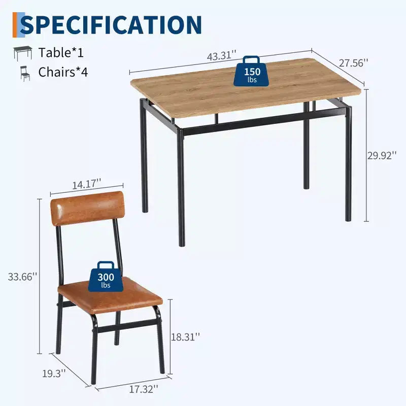 Set da Tavolo da Pranzo Industriale per 4, Set da Tavolo da Cucina in Legno, Set di Mobili per Angolo Colazione Stile Fattoria, per Sala da Pranzo, Appartamento, Monolocale