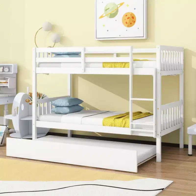 MAYEERTY Letto a Castello Doppio in Legno di Gomma con Letto Estraibile, con Scaletta e Sponde di Sicurezza, Bianco