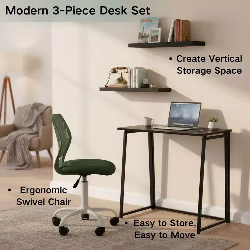Set scrivania pieghevole 3 pezzi FurnitureR con sedia girevole regolabile e 2 mensole da parete galleggianti, combinazione salvaspazio per studio e postazione di lavoro, design moderno