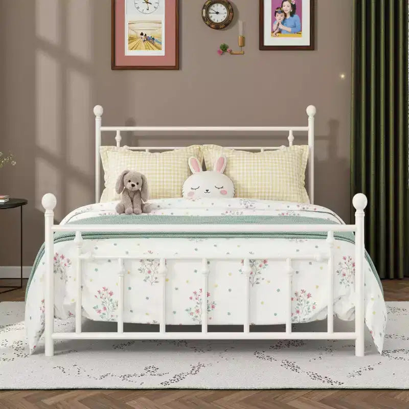 Elegant 14 Inch Metal Bed Frame with Vintage Headboard & Footboard, No Box Spring, Underbed Storage, Quiet & Easy Assembly