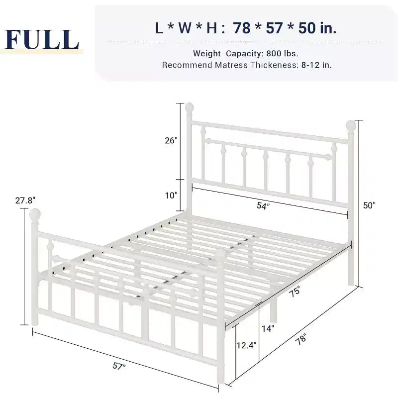 Elegante Struttura Letto Matrimoniale in Metallo da 14 Pollici con Testiera e Pediera Vintage, Nessun Box Spring, Contenitore Sottoletto, Silenzioso e Facile da Montare