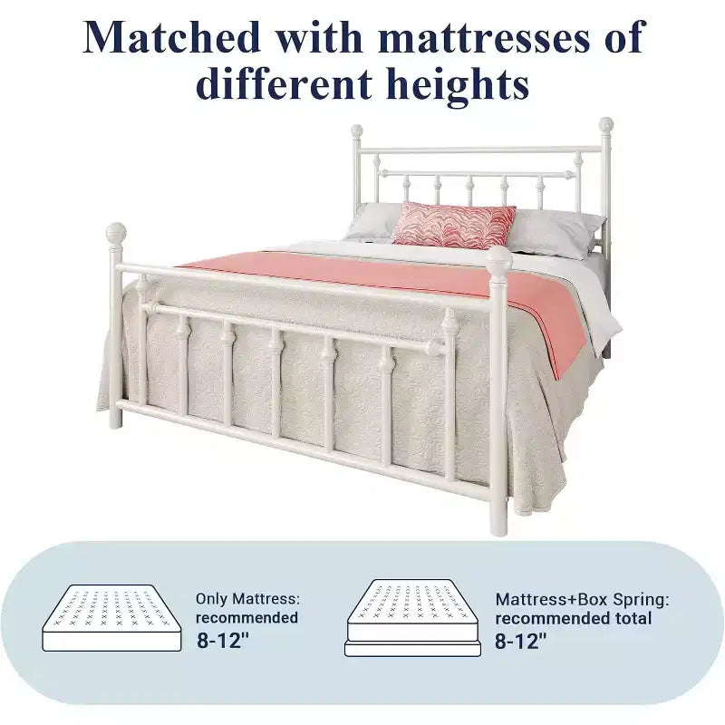 Elegante Struttura Letto Matrimoniale in Metallo da 14 Pollici con Testiera e Pediera Vintage, Nessun Box Spring, Contenitore Sottoletto, Silenzioso e Facile da Montare