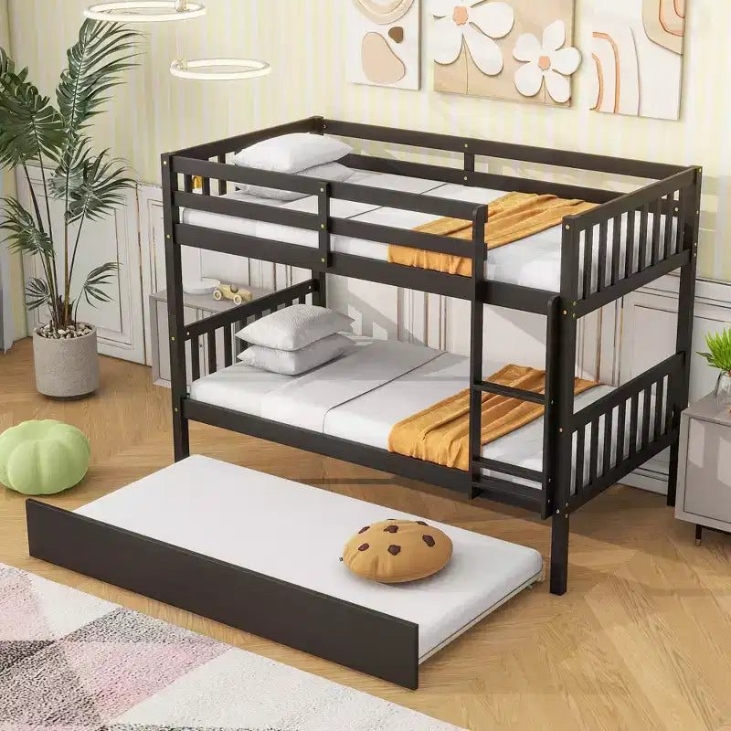 MAYEERTY Letto a Castello in Legno di Gomma con Materasso Estraibile Convertibile in Letto Matrimoniale, Scala e Sponde di Sicurezza, Espresso