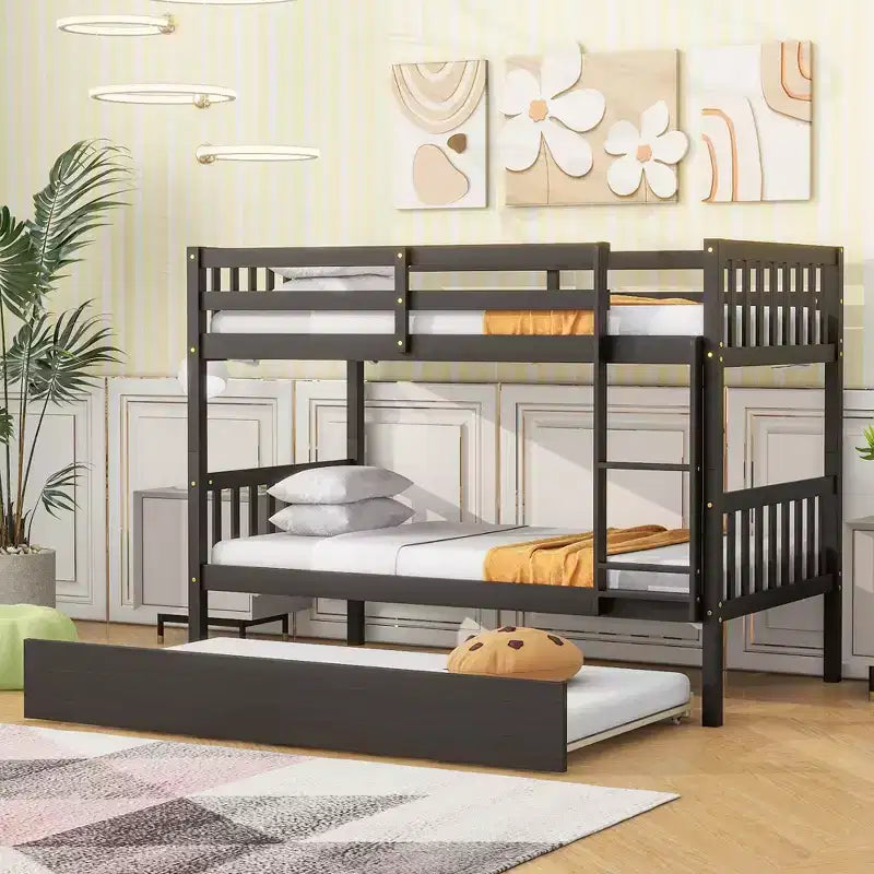 MAYEERTY Letto a Castello in Legno di Gomma con Materasso Estraibile Convertibile in Letto Matrimoniale, Scala e Sponde di Sicurezza, Espresso