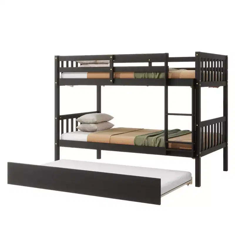 MAYEERTY Letto a Castello in Legno di Gomma con Materasso Estraibile Convertibile in Letto Matrimoniale, Scala e Sponde di Sicurezza, Espresso