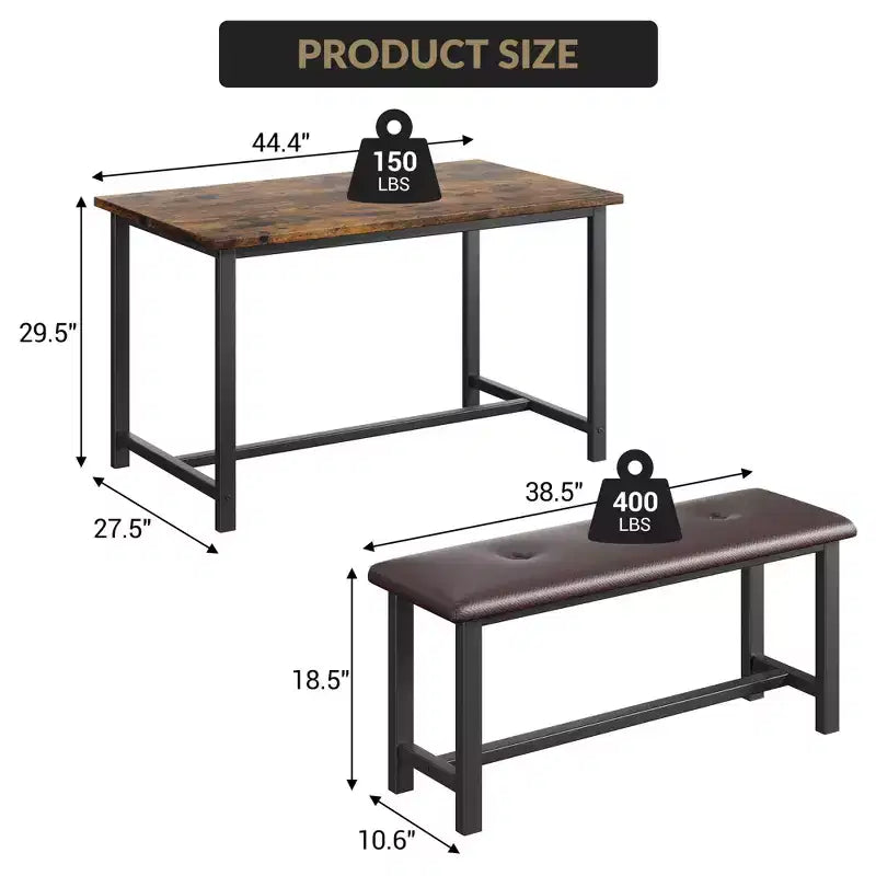 Set da Tavolo da Pranzo per 4, Set Tavolo da Cucina Piccolo, Tavolo da Cucina in Legno Industriale Moderno, 2 Panche Imbottite, Struttura in Metallo, per Soggiorno