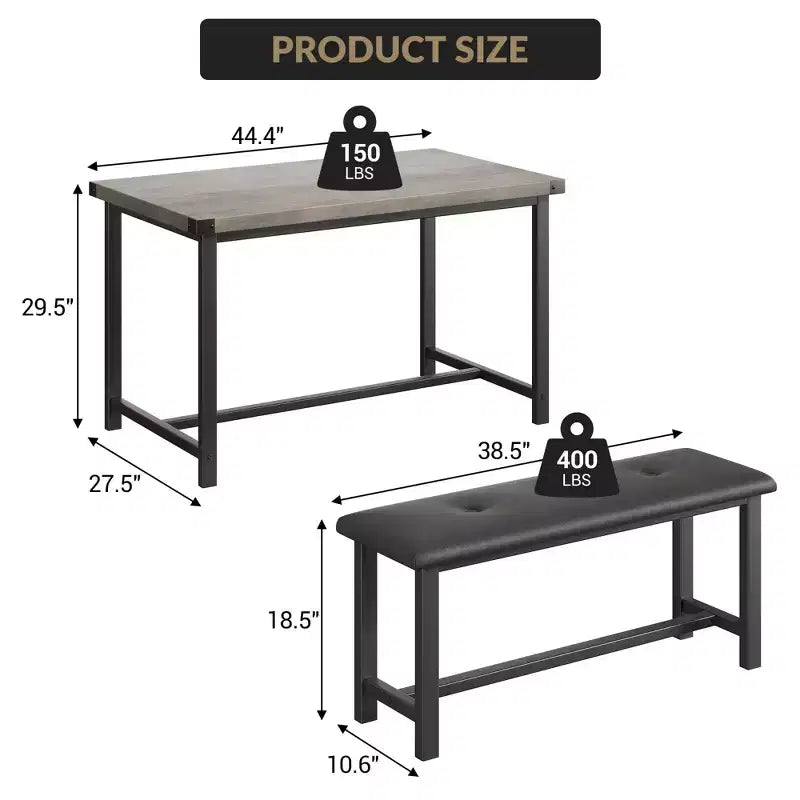 Set da Tavolo da Pranzo per 4, Set Tavolo da Cucina Piccolo, Tavolo da Cucina in Legno Industriale Moderno, 2 Panche Imbottite, Struttura in Metallo, per Soggiorno