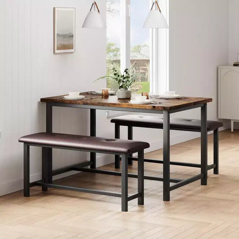 Set da Tavolo da Pranzo per 4, Set Tavolo da Cucina Piccolo, Tavolo da Cucina in Legno Industriale Moderno, 2 Panche Imbottite, Struttura in Metallo, per Soggiorno